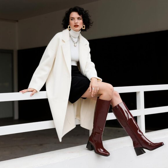 Women's Knee High Boots with Zipper Square Toe Chunky Heeled Tall Boots - Picture 5 of 7